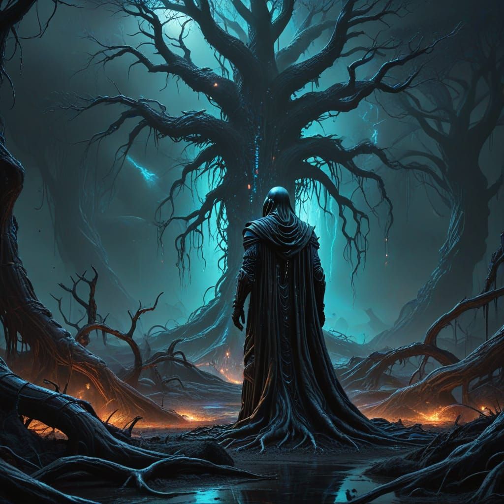 Bioluminescent Tree in Alien Landscape as Mystical Art