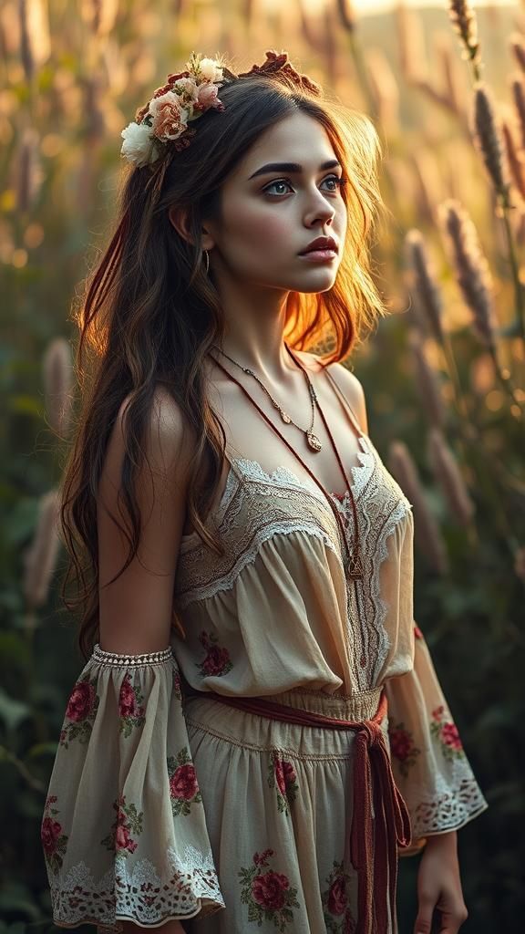 Bohemian Woman with Hourglass Figure in Lush Landscape