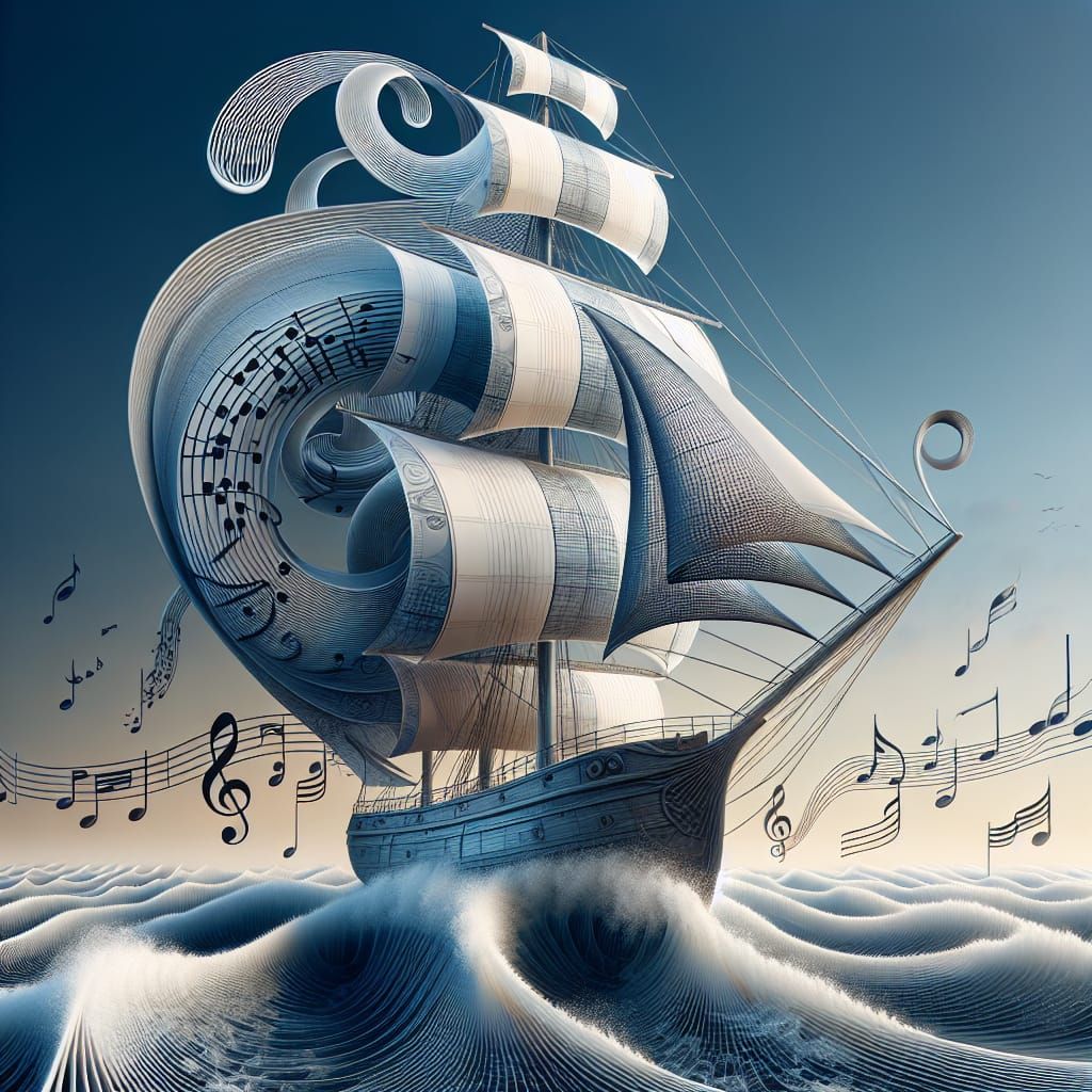 Surreal Sailboat Made of Music Notes Sailing