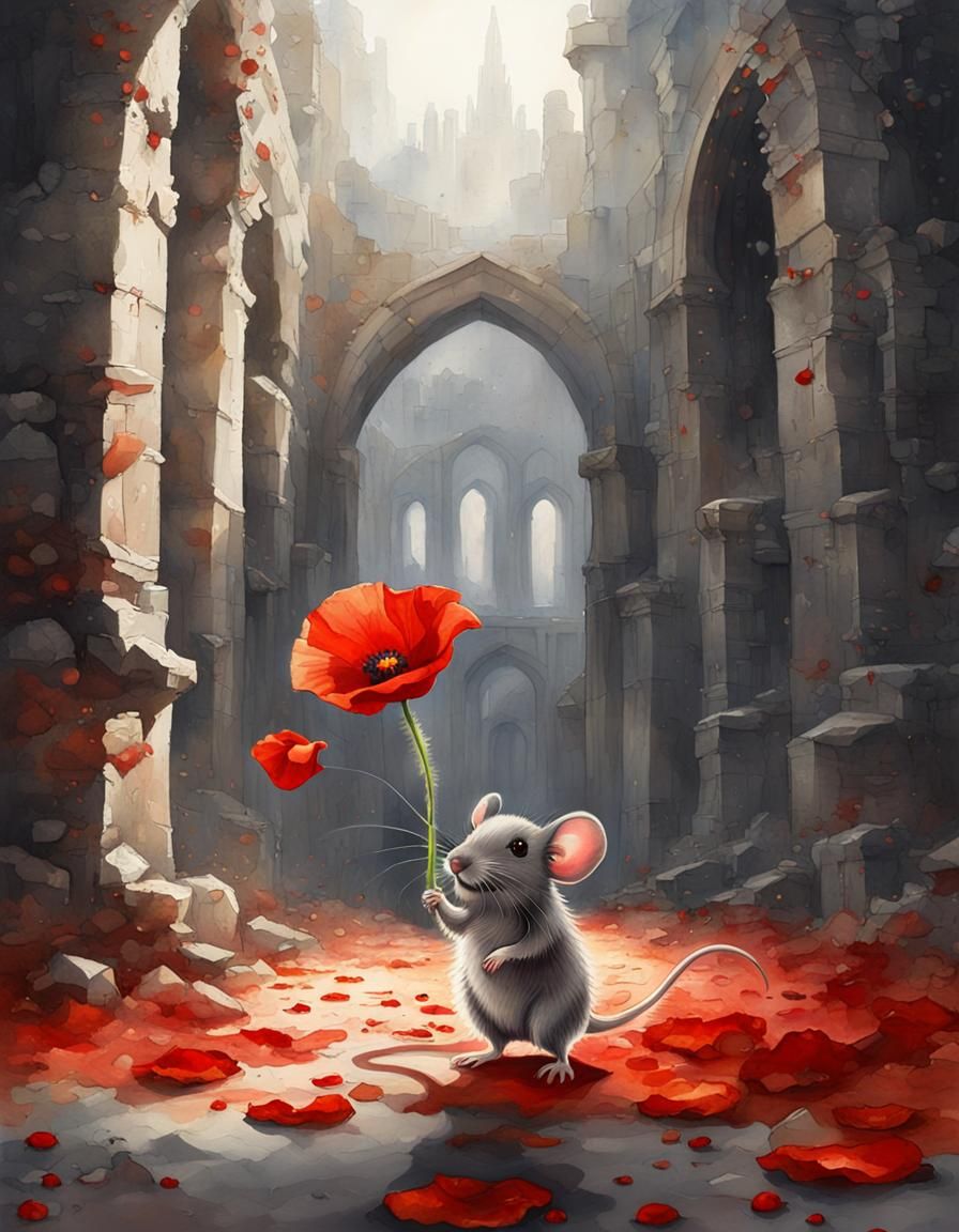 Glowing Poppy and Mouse in Watercolor Cityscape