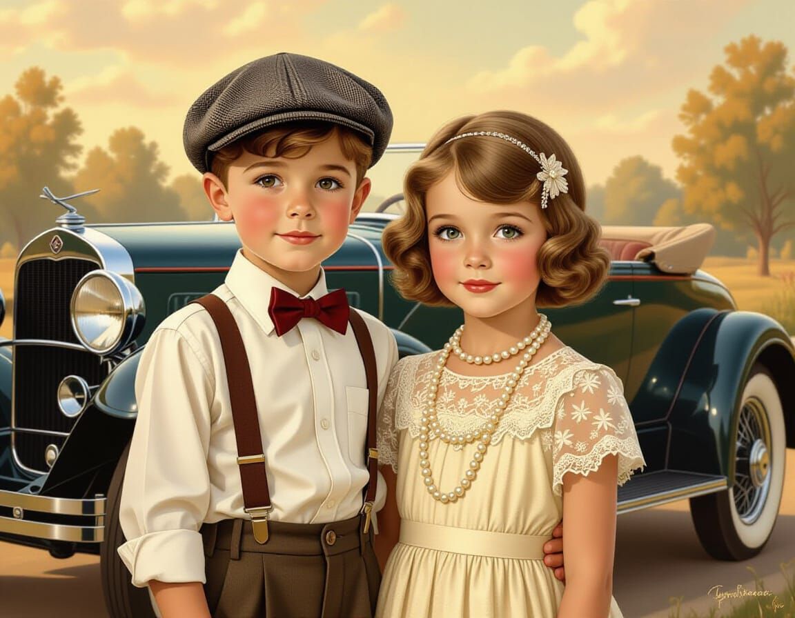 Children with Vintage Car in Golden Age Illustration Style
