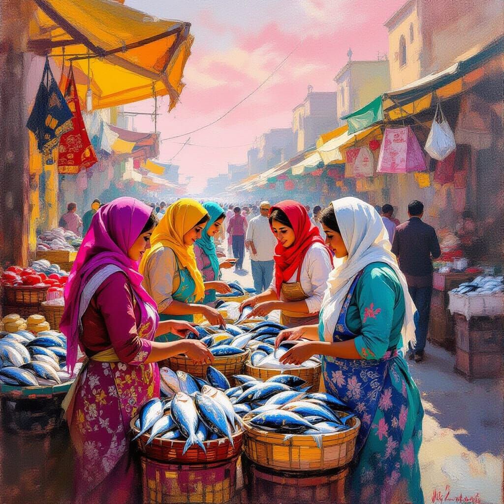 Vibrant Fish Market Scene at Sunrise in Impressionist Style