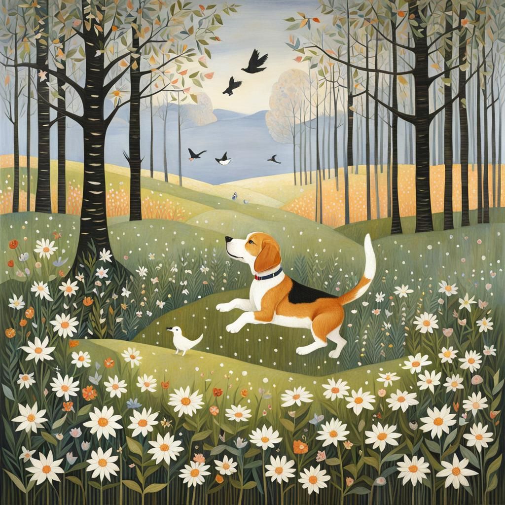 Surreal Marquetry: Beagle Puppy Barking at Bird