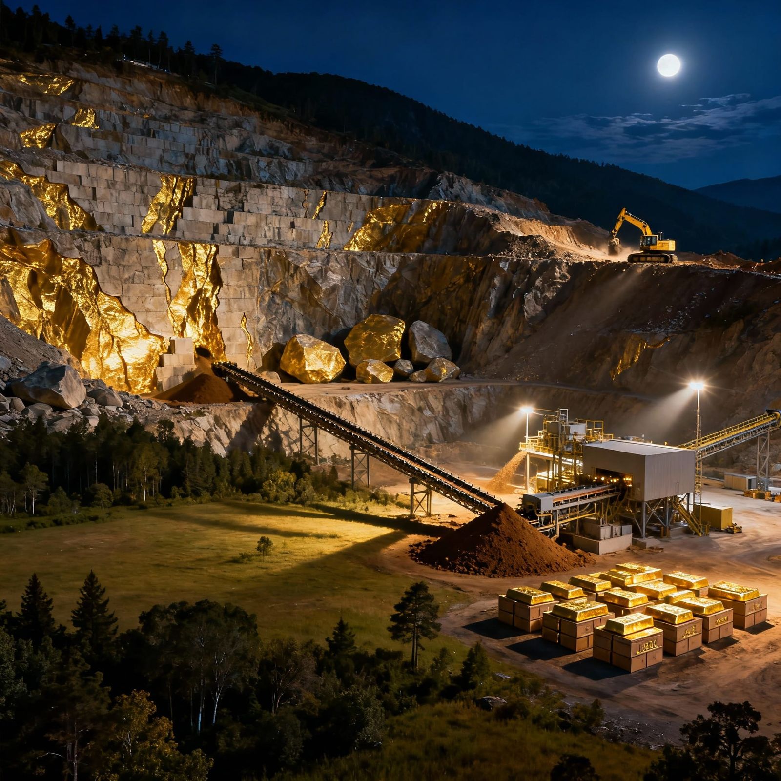 Gold Mine on Mountainside Under Ethereal Moonlight