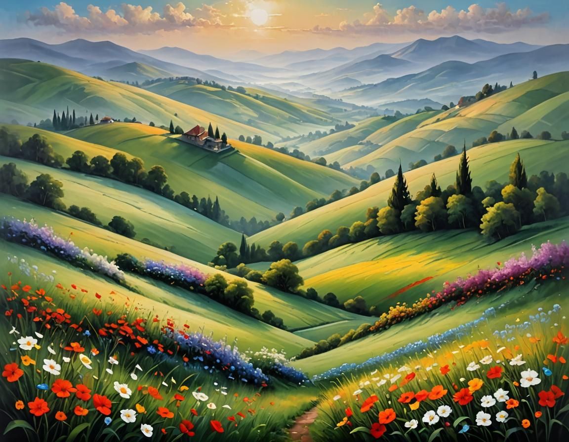 Magical Flowered Hills Landscape Oil Painting