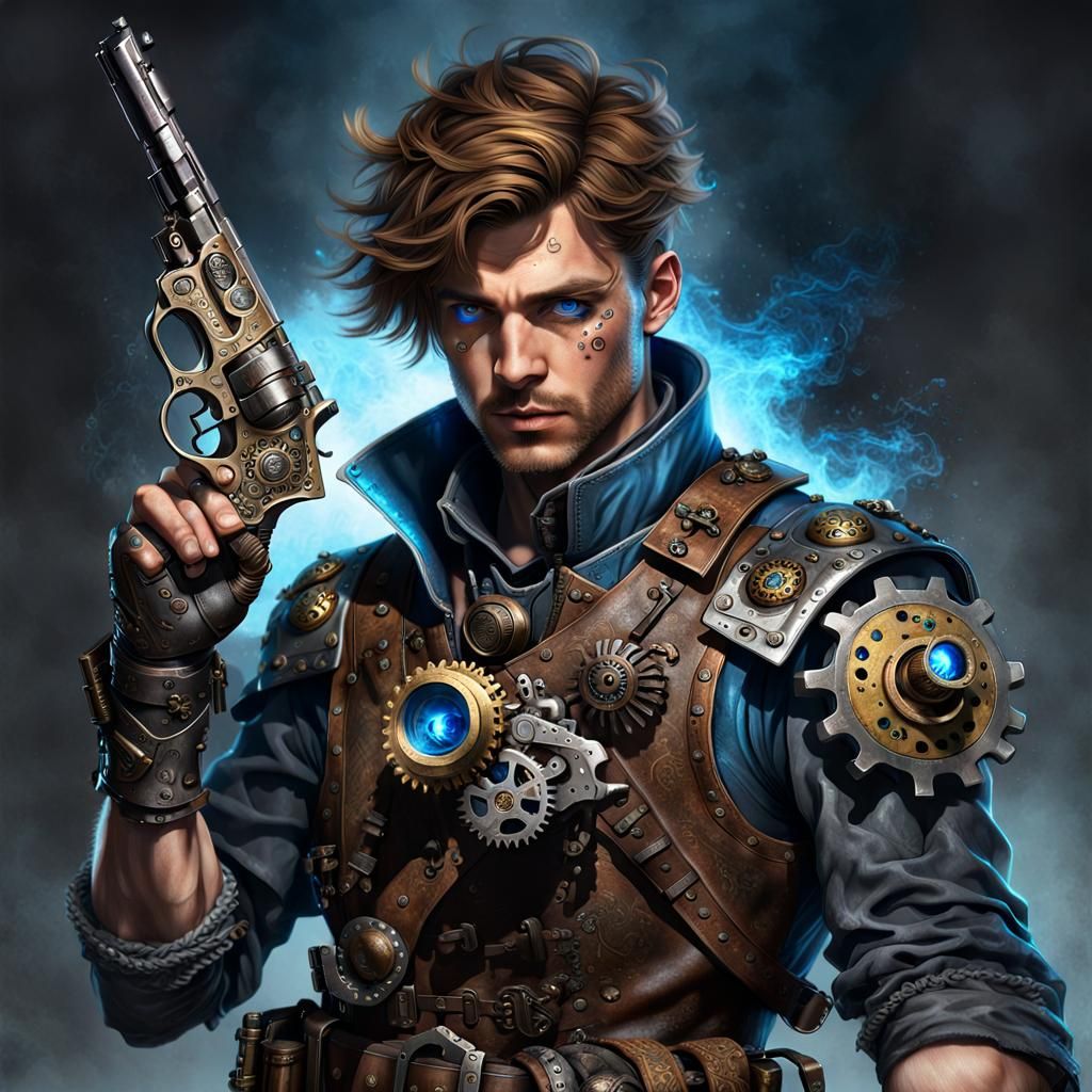 Steampunk Adventurer with Flintlock Pistol in Dark Fantasy S...