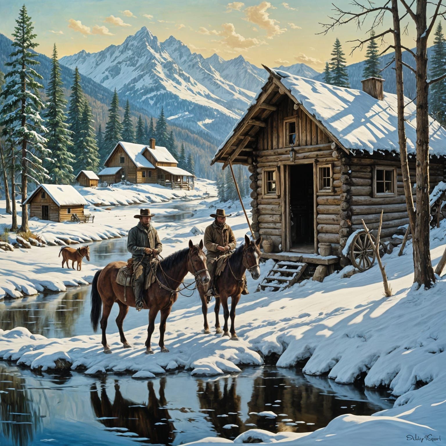 Winter Trapper's Mountain Refuge in Oil