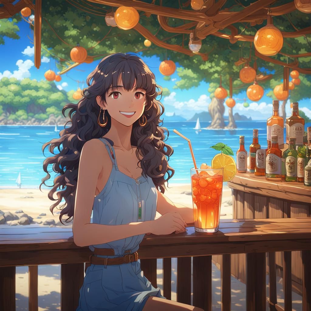 Exotic Model on Tropical Beach in Anime Style