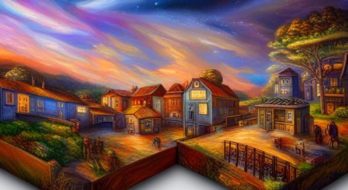 Countryside Village: Steampunk Oil Painting with Astral Elem...