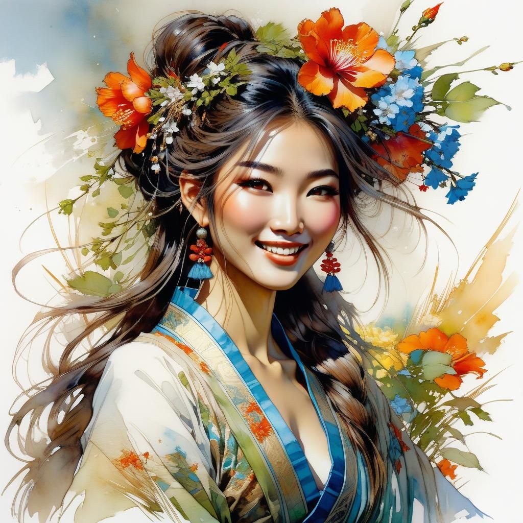 Happy Asian Girl with Flowers in Anime Style