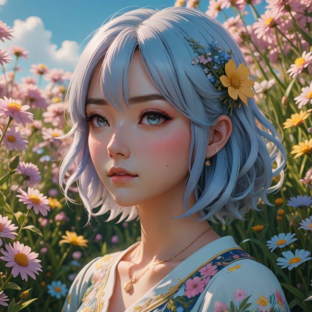 Whimsical Anime Girl in a Flower-Filled Meadow