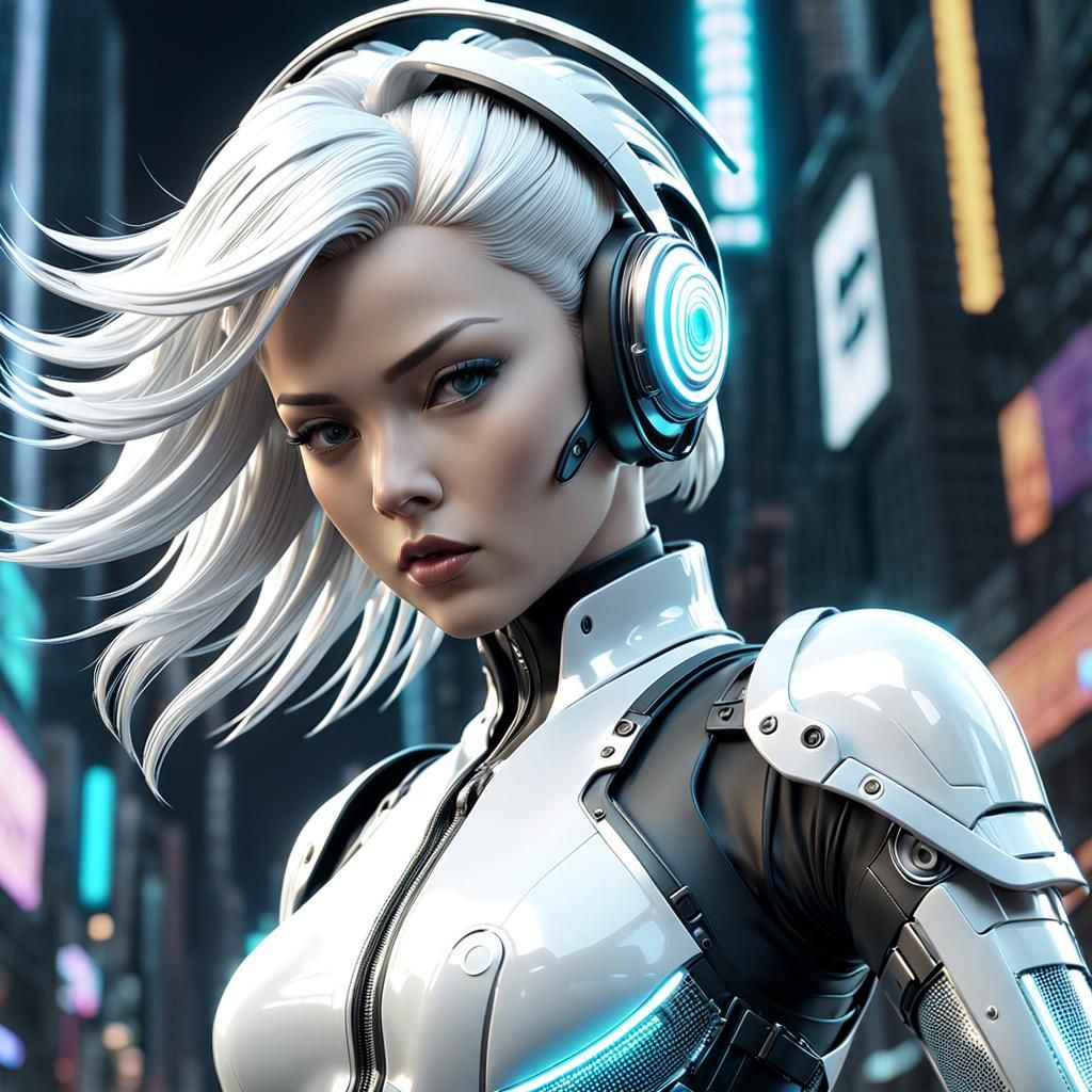 Cyberpunk Girl in White, Comic Art Style