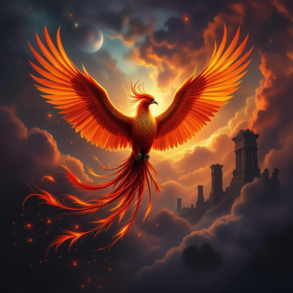 Phoenix Reborn from Ashes in Cosmic Sky