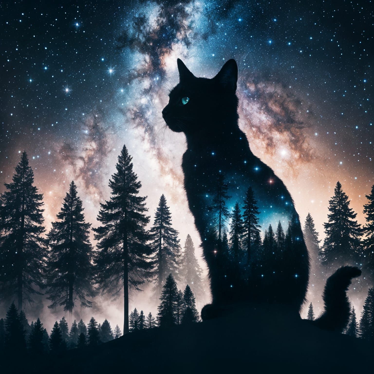 Milky Way Cat Silhouette in Double Exposure Style