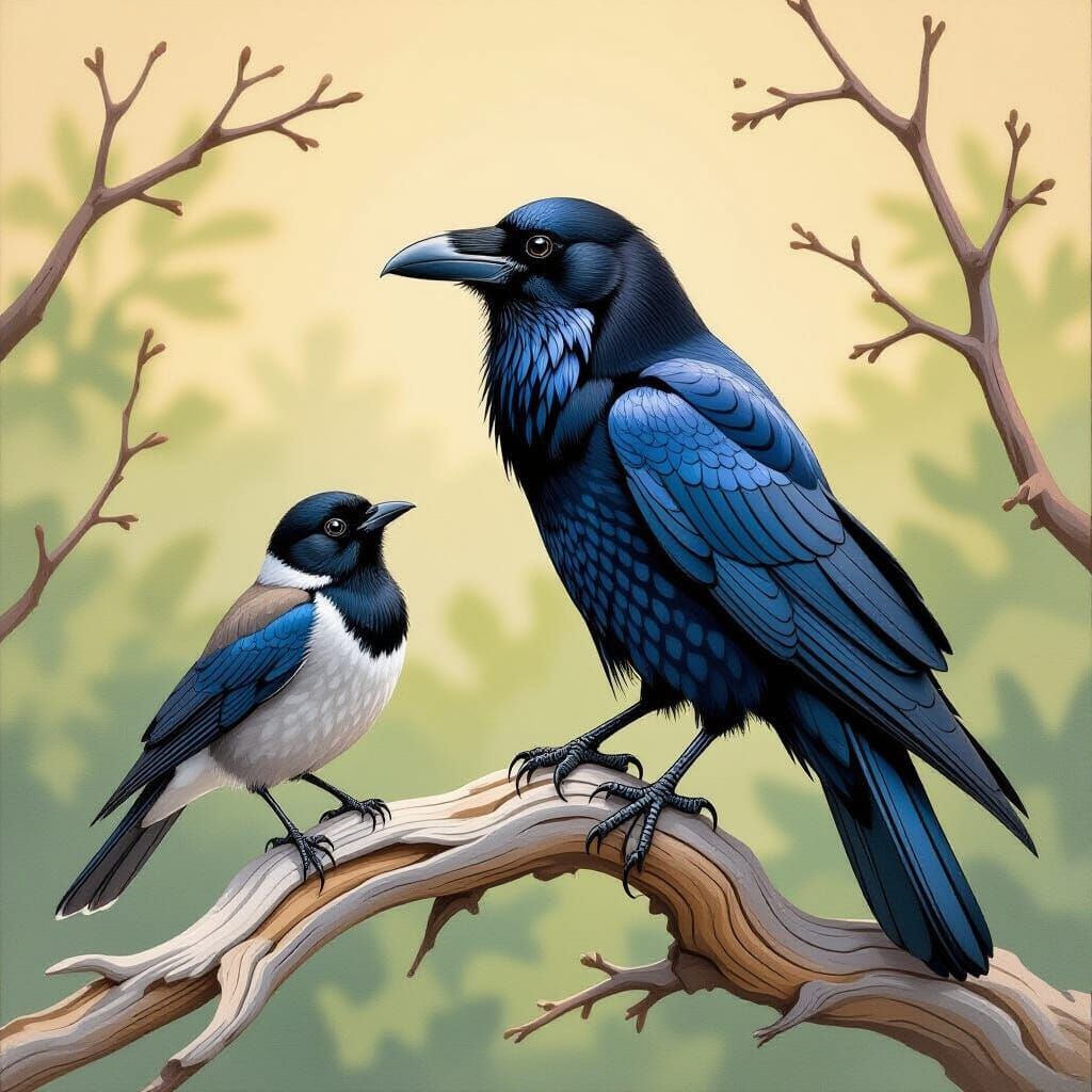 Raven Mimics Birdsong in Detailed Gouache Painting