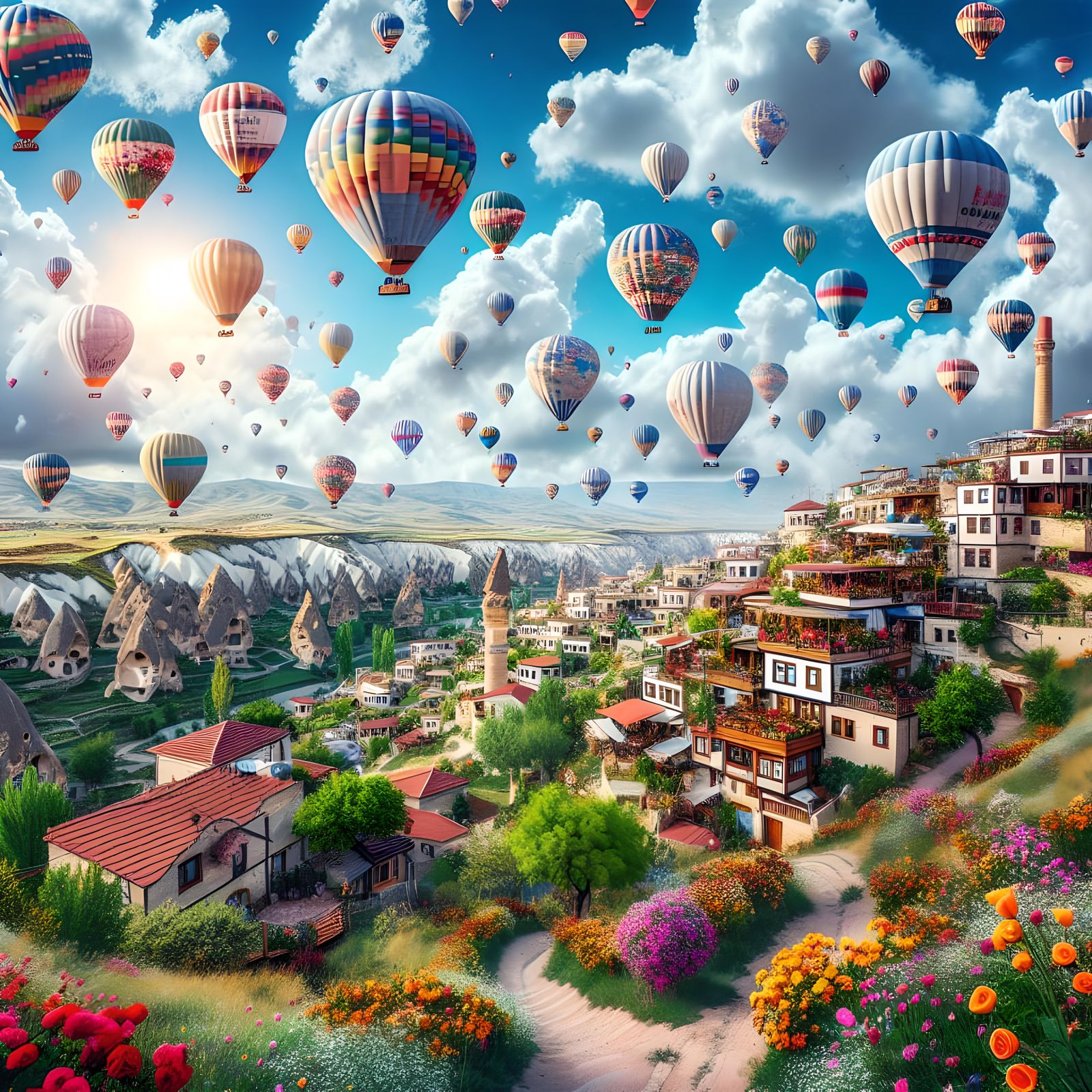 Colorful Hot Air Balloons Over Cappadocia Flower Village