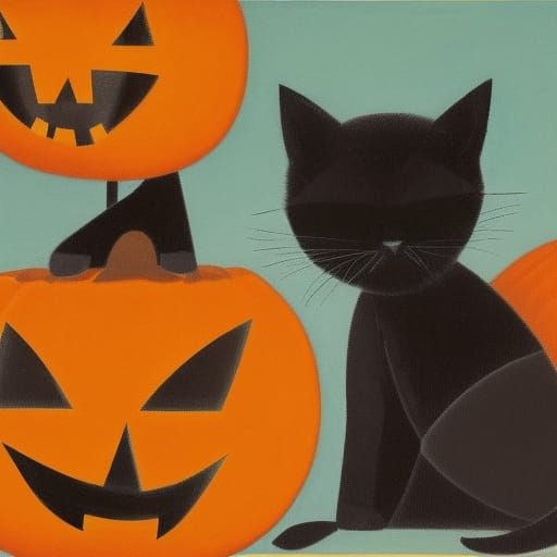 Fluffy Black Kitten in Pumpkin Field, Cubist Style