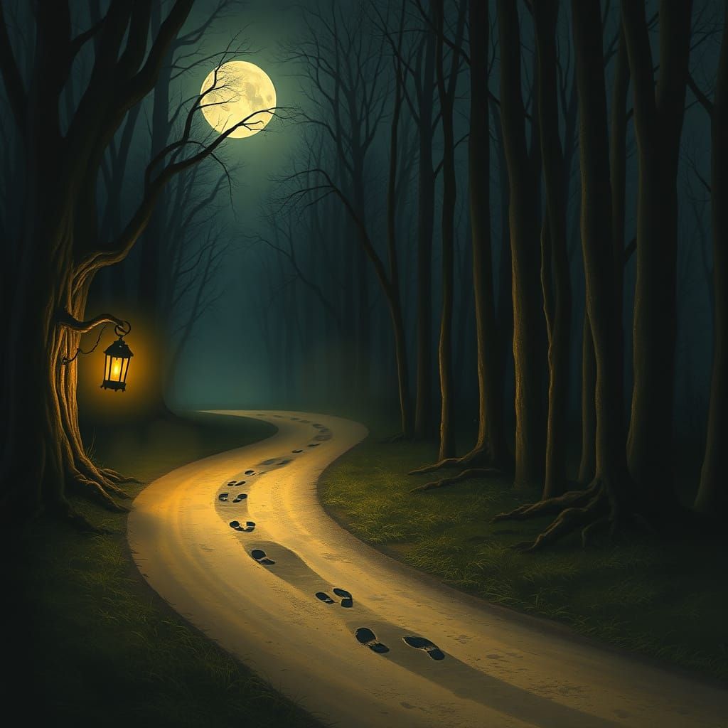 Golden Lantern on a Moonlit Dirt Road, Mysterious Footprints...