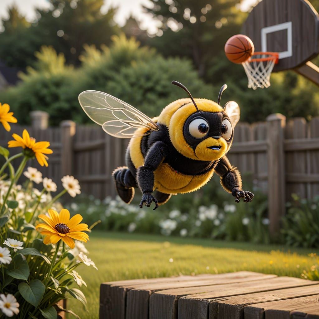 For today's basketball theme, a Pixar-style bumblebee soaring through the air, ready to slam dunk a miniature basketball...