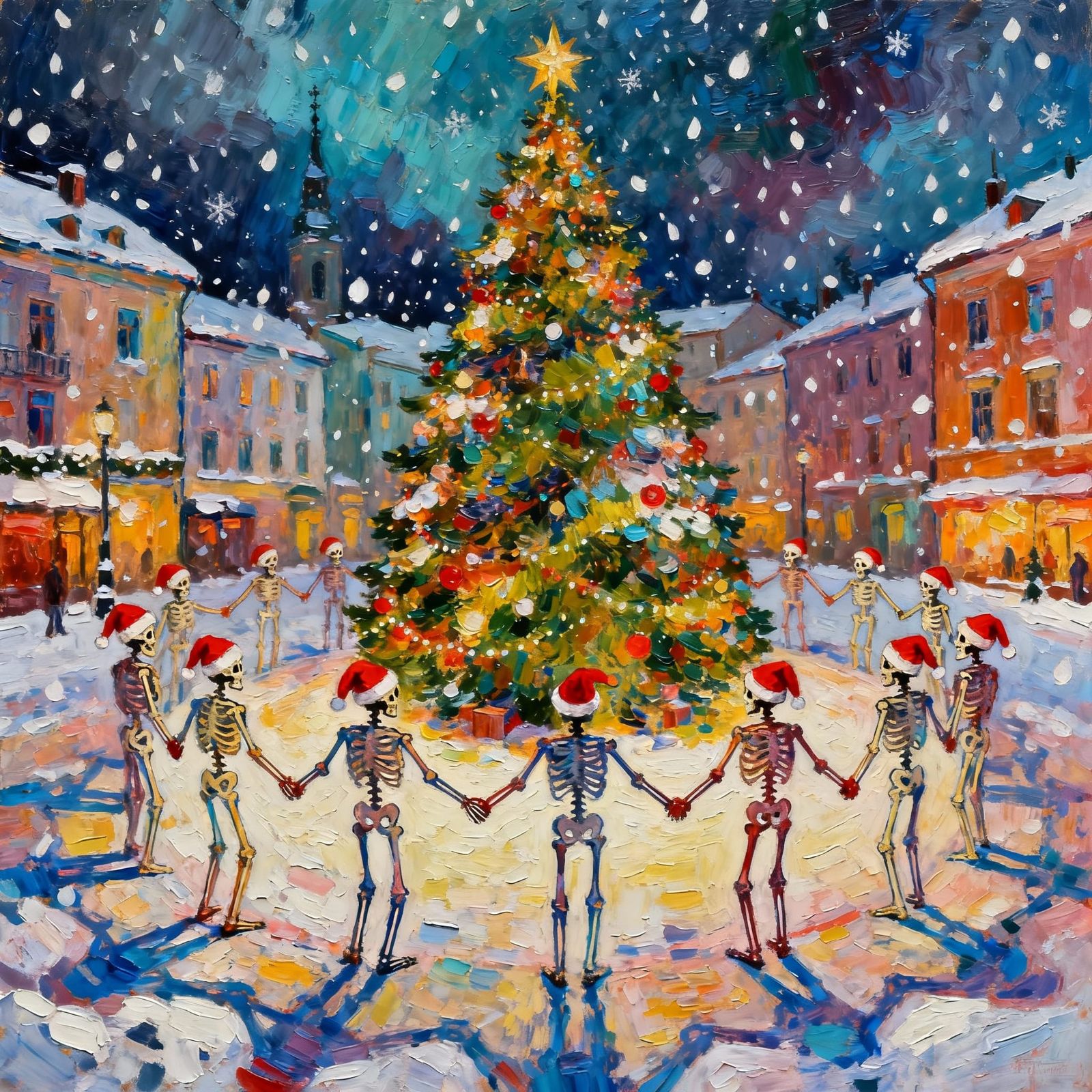 Skeletons Sing Carols Around Snowy Christmas Tree