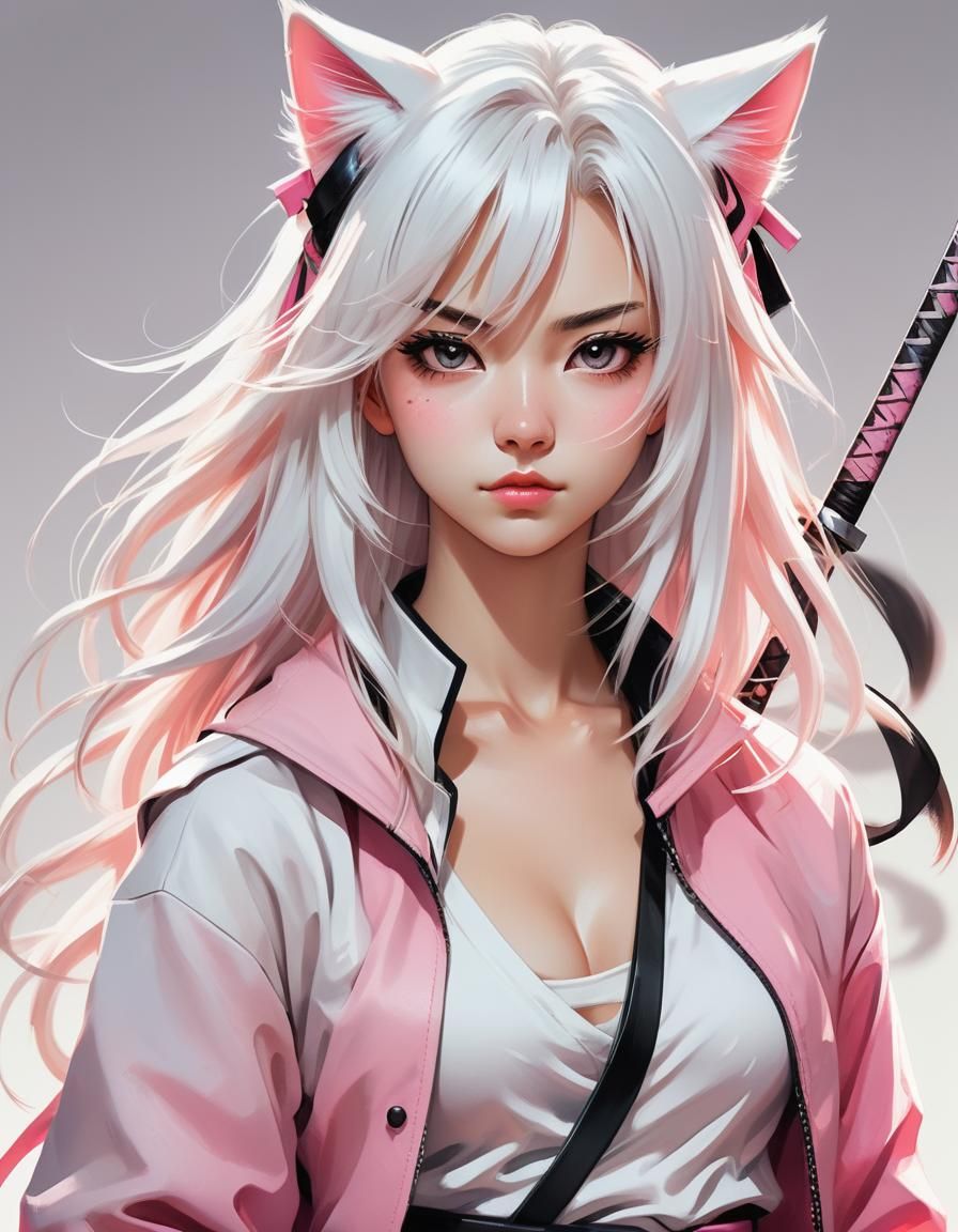 Anime Girl with Katana in Digital Painting Style