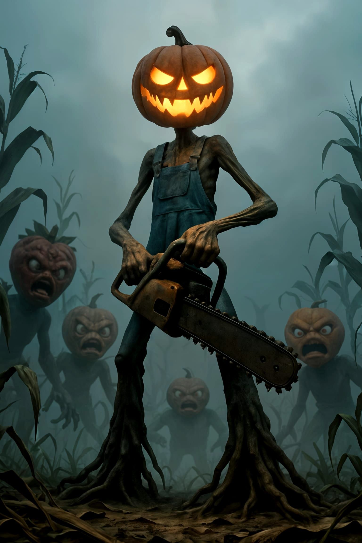 Apocalyptic Cornfield Creature with Pumpkin Head
