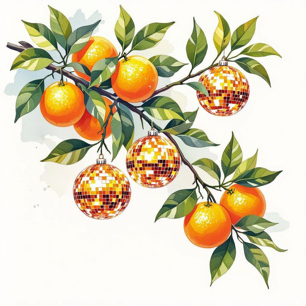 Orange Tree Branch with Disco Ball Fruit in Watercolour Styl...