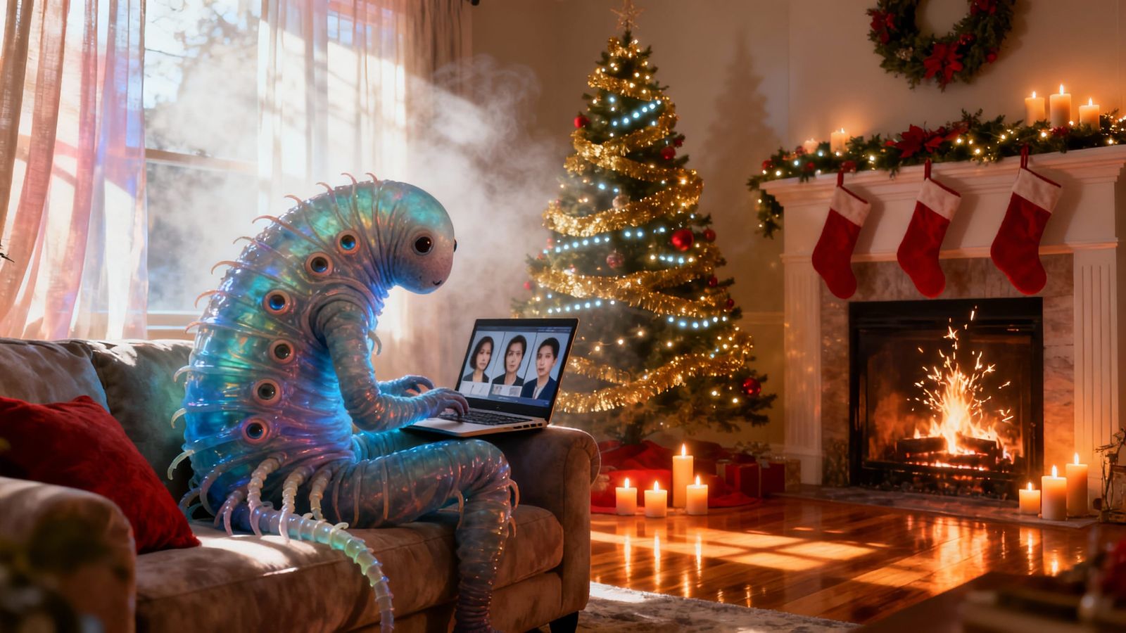 Tardigrade Searches for Human Gifts in Festive Living Room