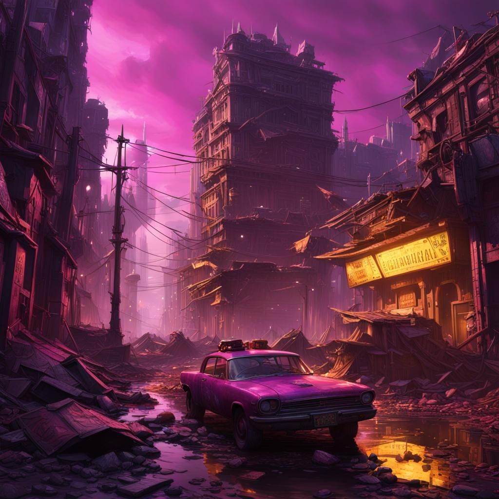 Pink Post-Apocalyptic City in Dark Fantasy Style