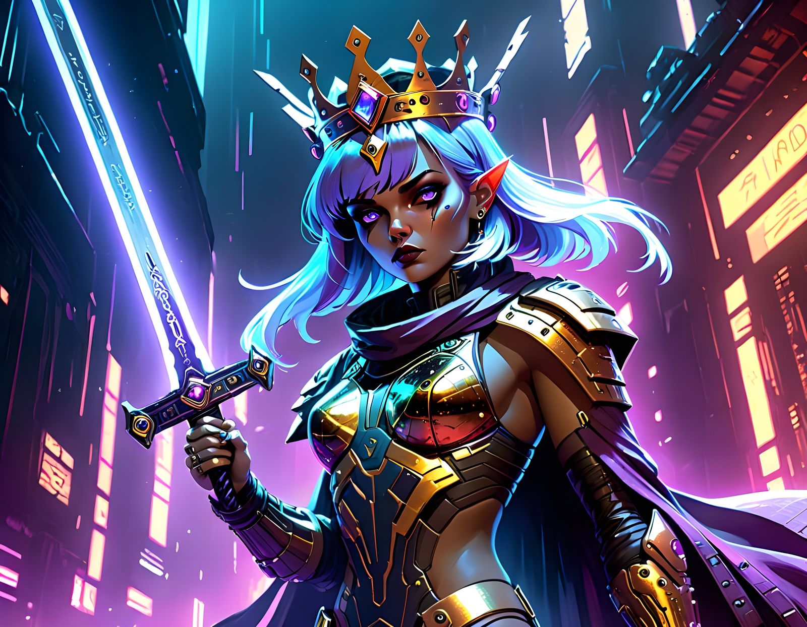 Empress in Cyberpunk Regalia with Sword