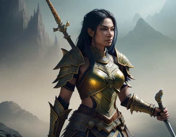 Amazon Warrior on Misty Cliff: Fantasy Art