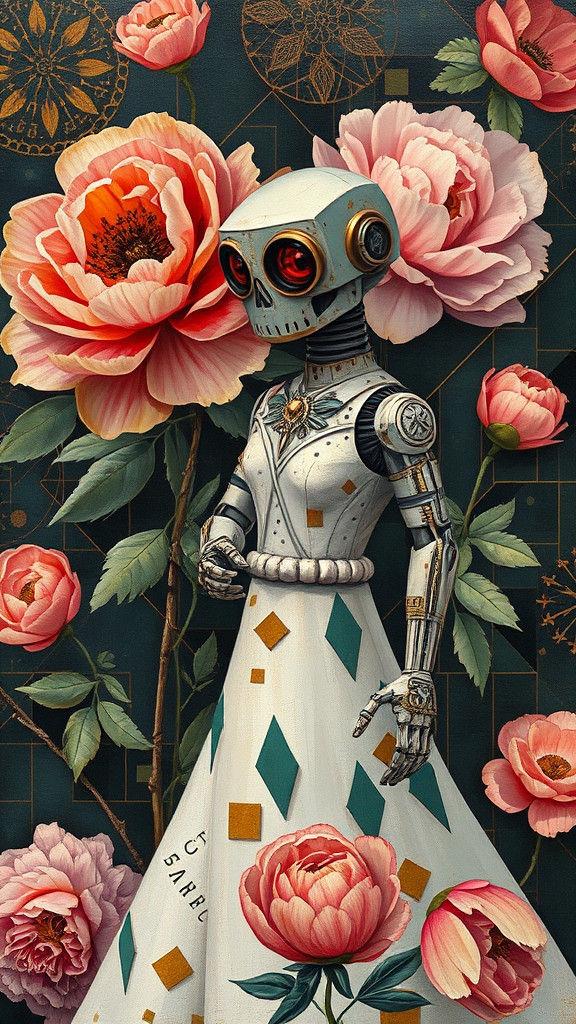 Aztec Grimdark Robot Bride with Peonies