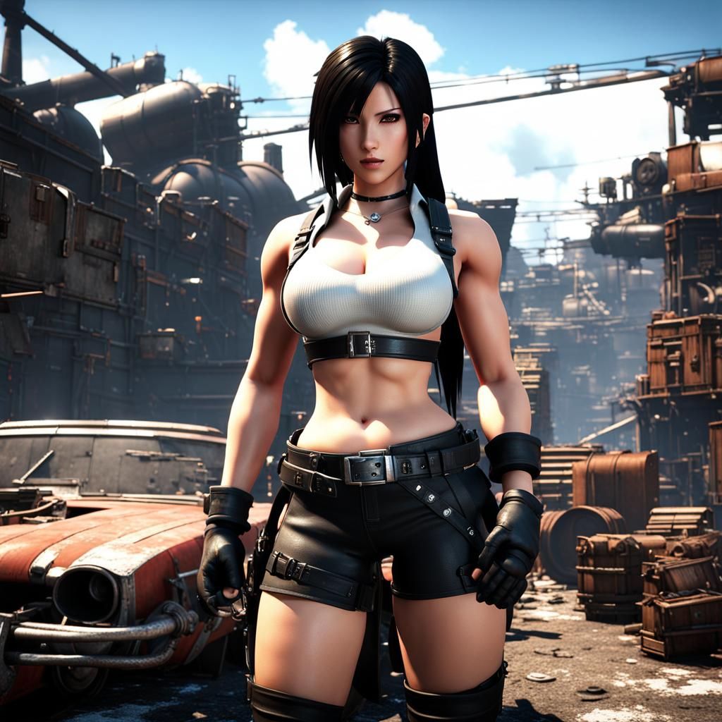 TIFA LOCKHART from final fantasy 7 remastered  in a junkyard...