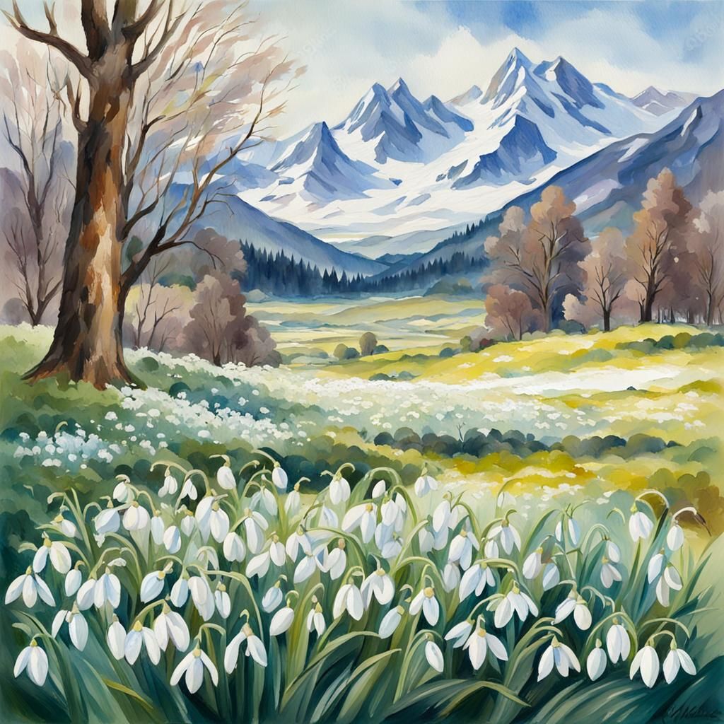 Snowdrops and Snowy Mountains as Impasto Gouache