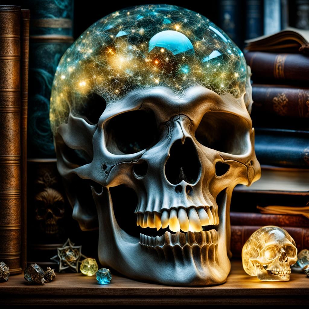 Ornate Crystal Skull on Wizard's Desk: Inkpunk Art