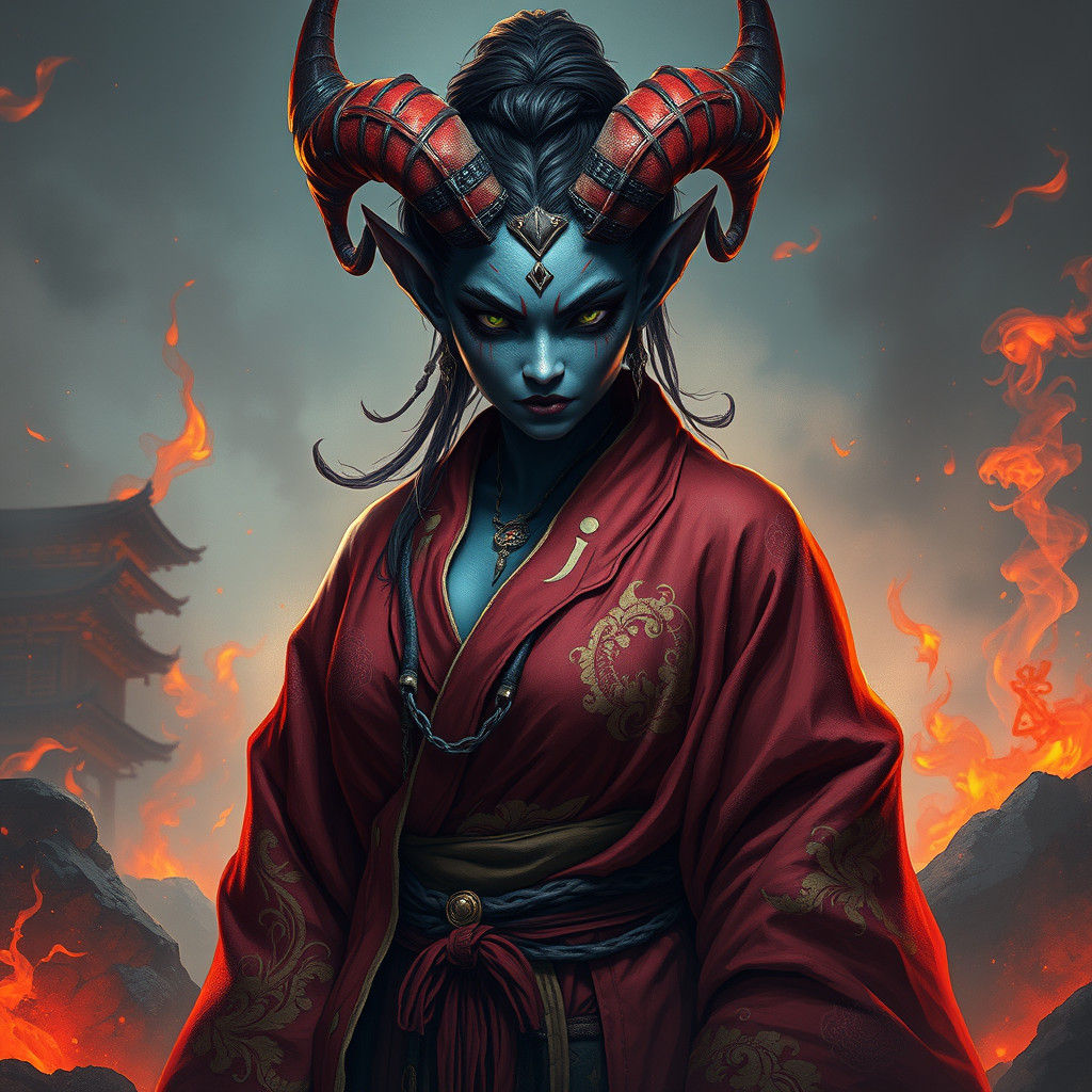 Crimson Oni Yokai in Mystical Dreamscape