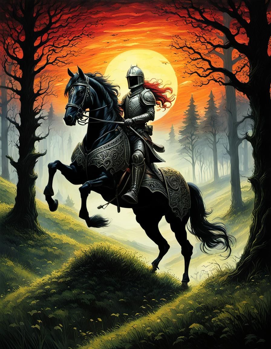Terrifying Knight on Grassy Hill in Forest