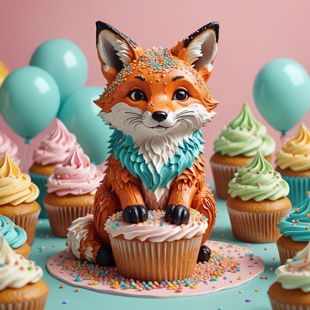 Cupcake Fox in Whimsical Cartoon Style
