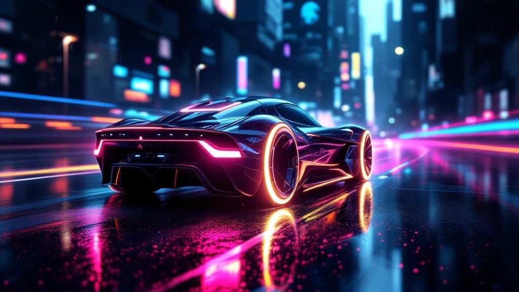 Neon-Lit Futuristic Car in Cyberpunk Cityscape