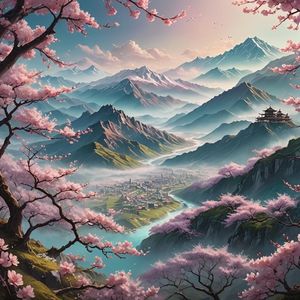 Misty Valley Cherry Blossoms: Fantasy Concept Art