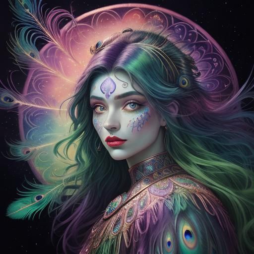 Colorful Woman Portrait with Peacock Feathers, Digital Art