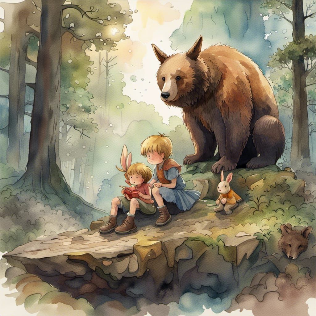 Children, Rabbit, and Bear in Forest Watercolor