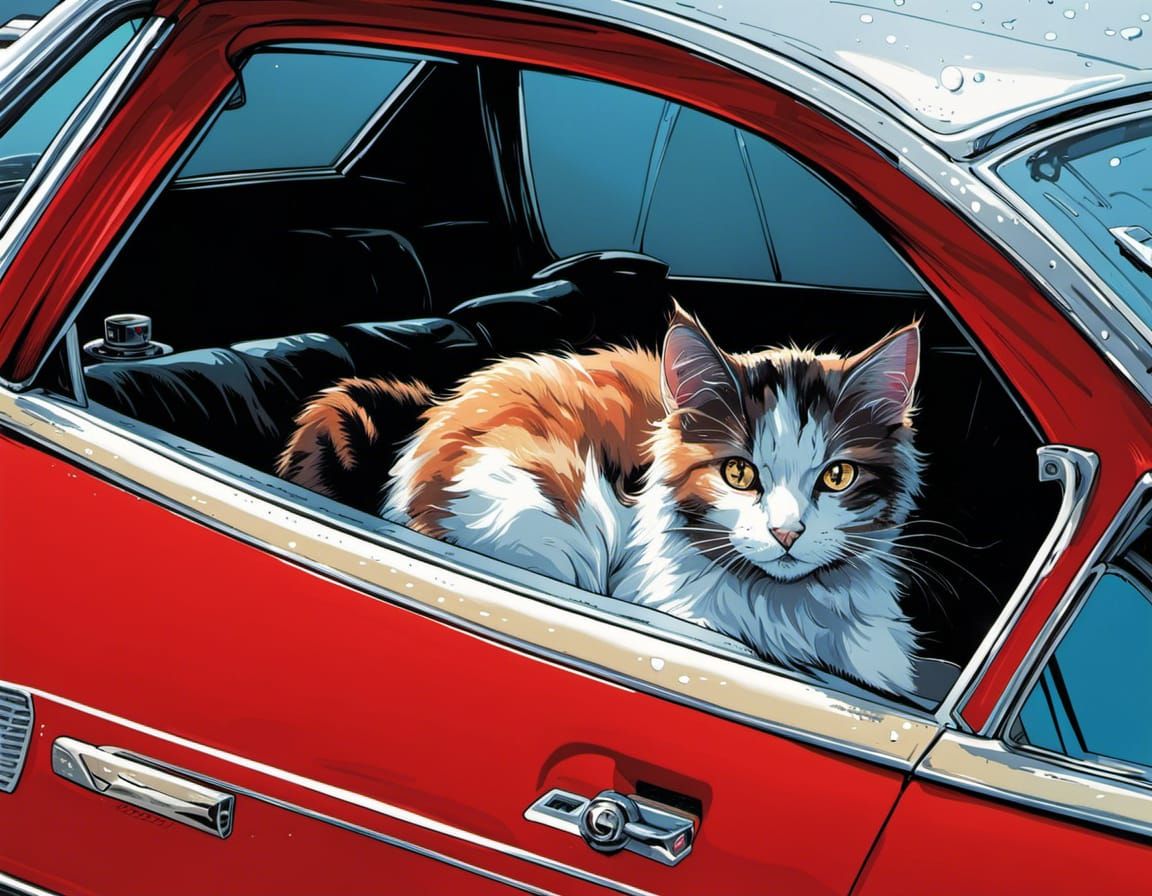 Stray Cat in Car: Comic Book Style