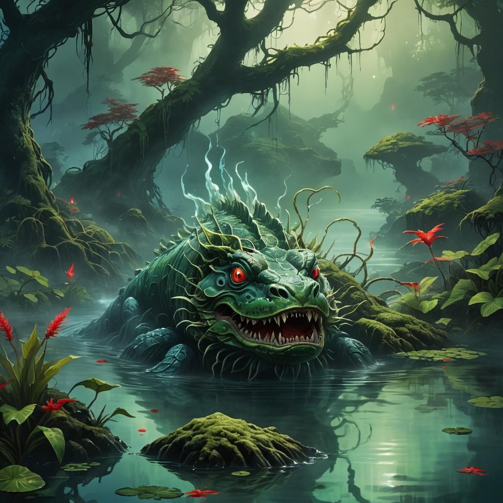 Hyperrealistic Japanese Kappa Spirit in Eerie Aquatic Scene
