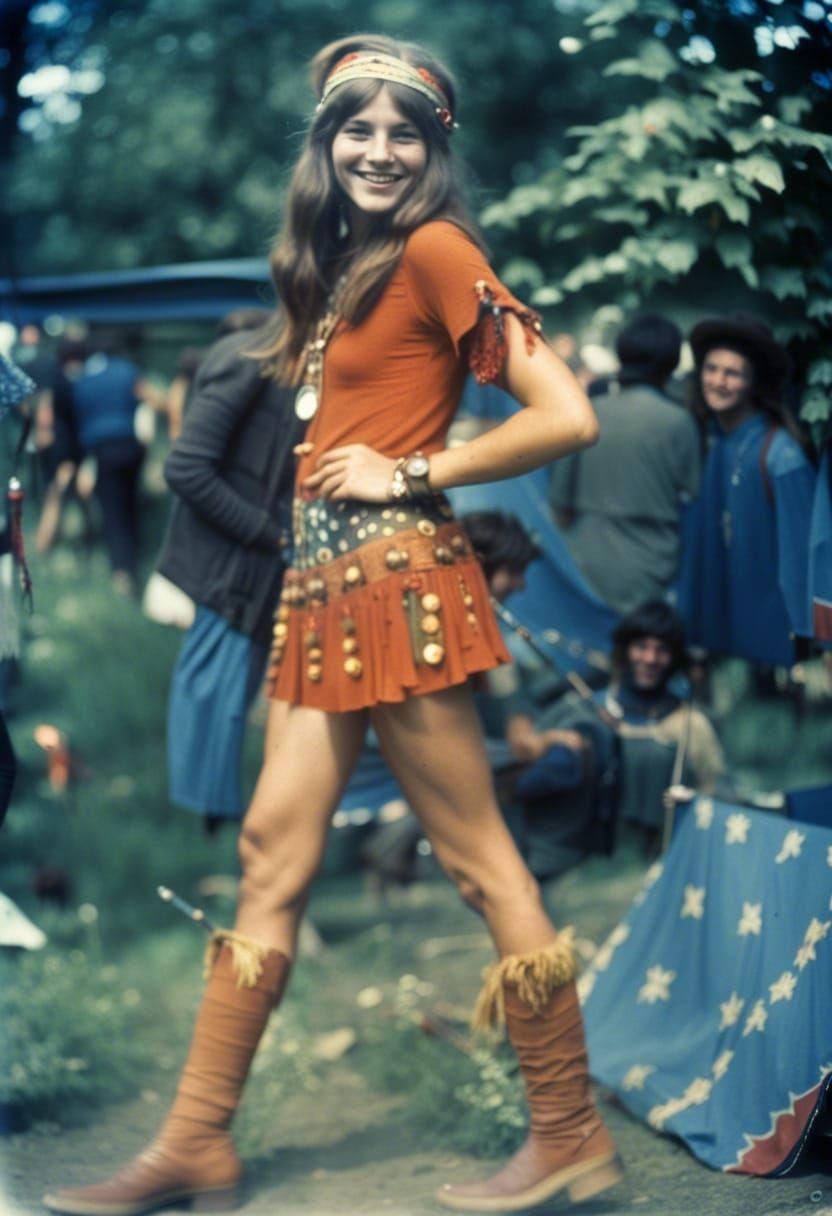 Smiling Hippy at Woodstock 1969, Aged Photograph