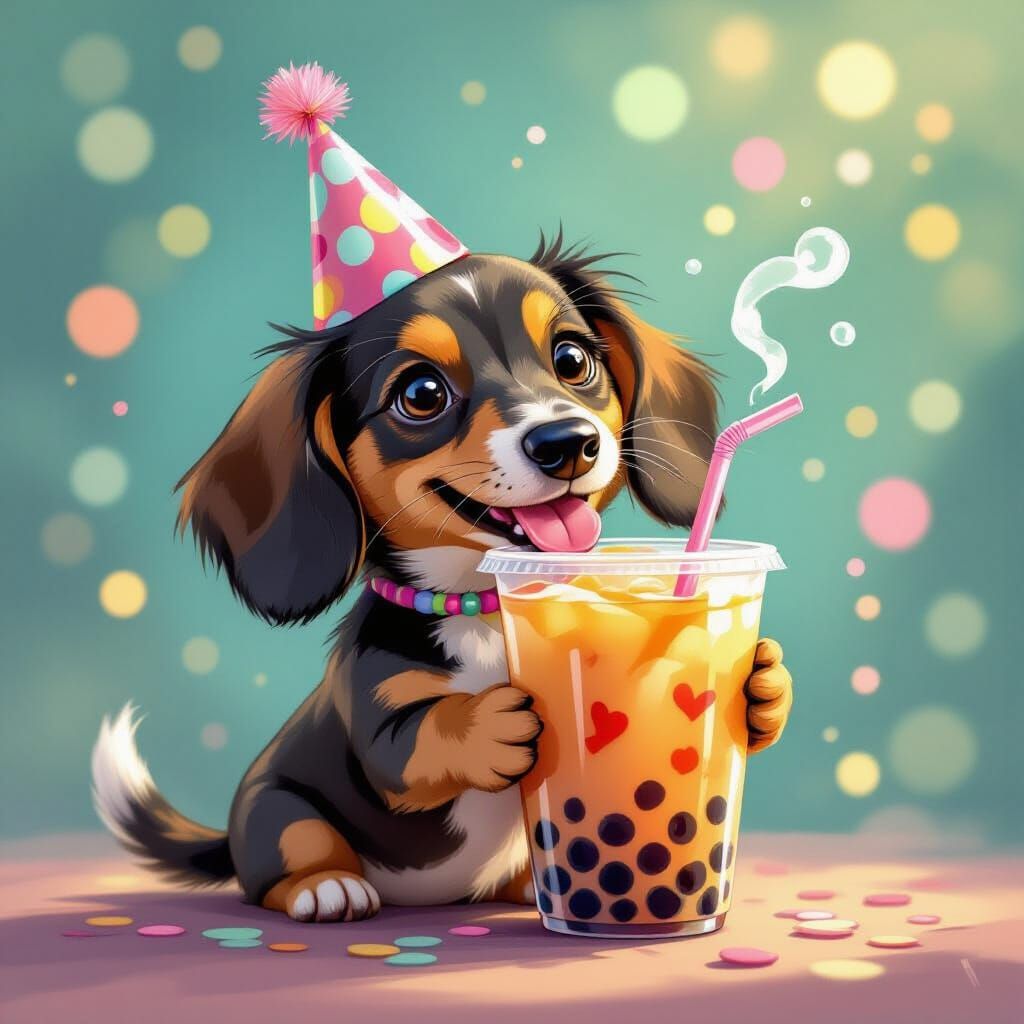 Dachshund Enjoys Bubble Tea in Dreamlike Bokeh Scene