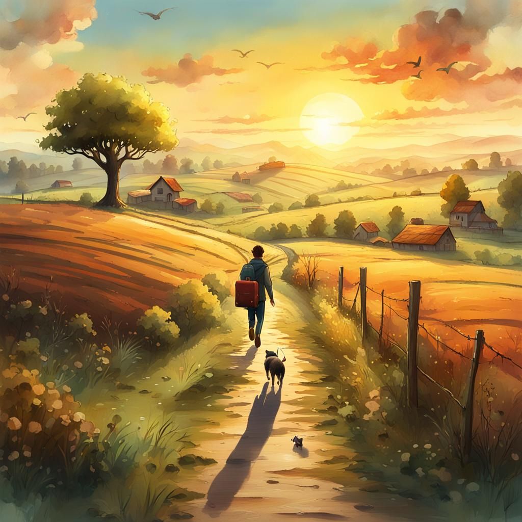 Sunset Walk: Watercolor Landscape with Dog