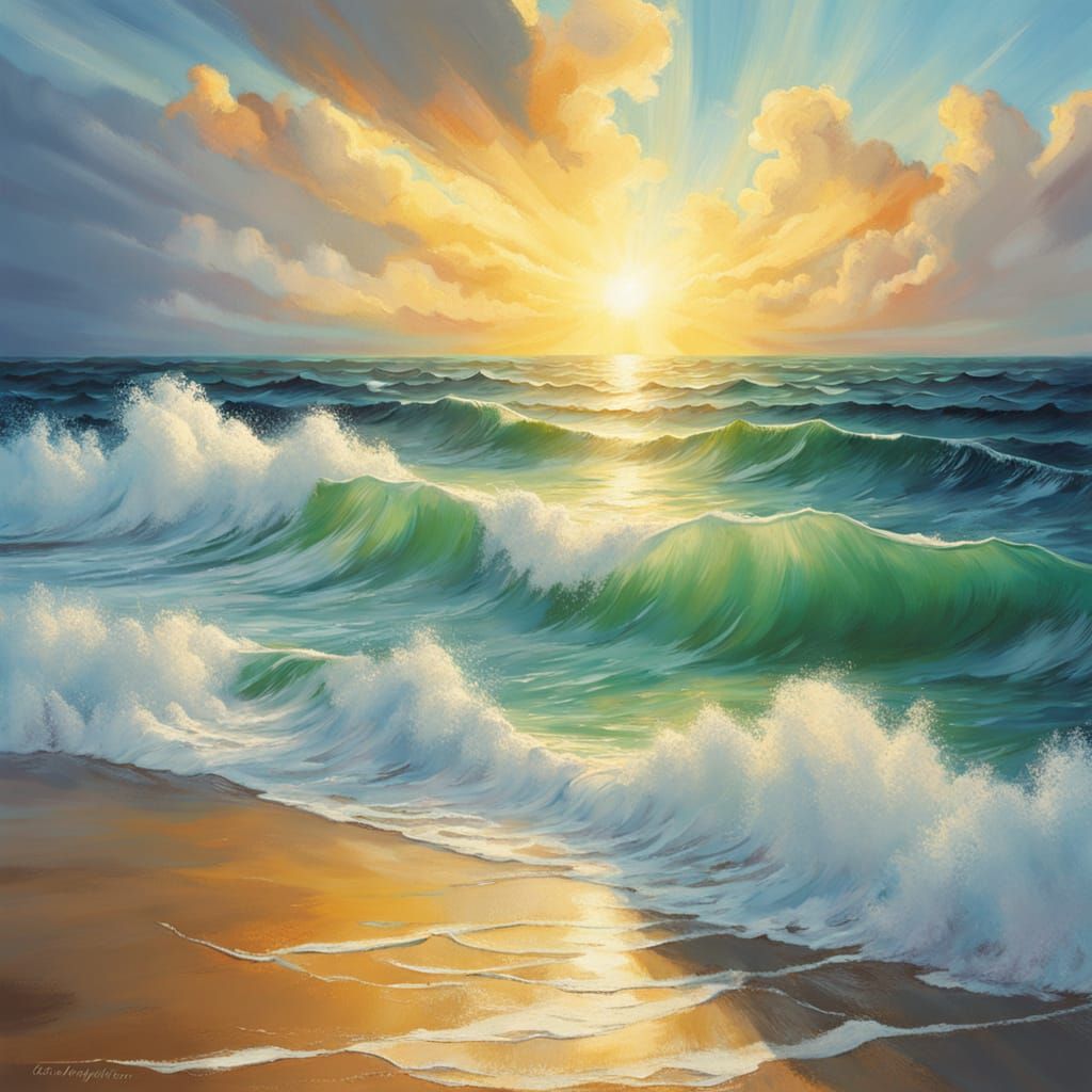 Surrealist Ocean Waves Under Divine Sunshine
