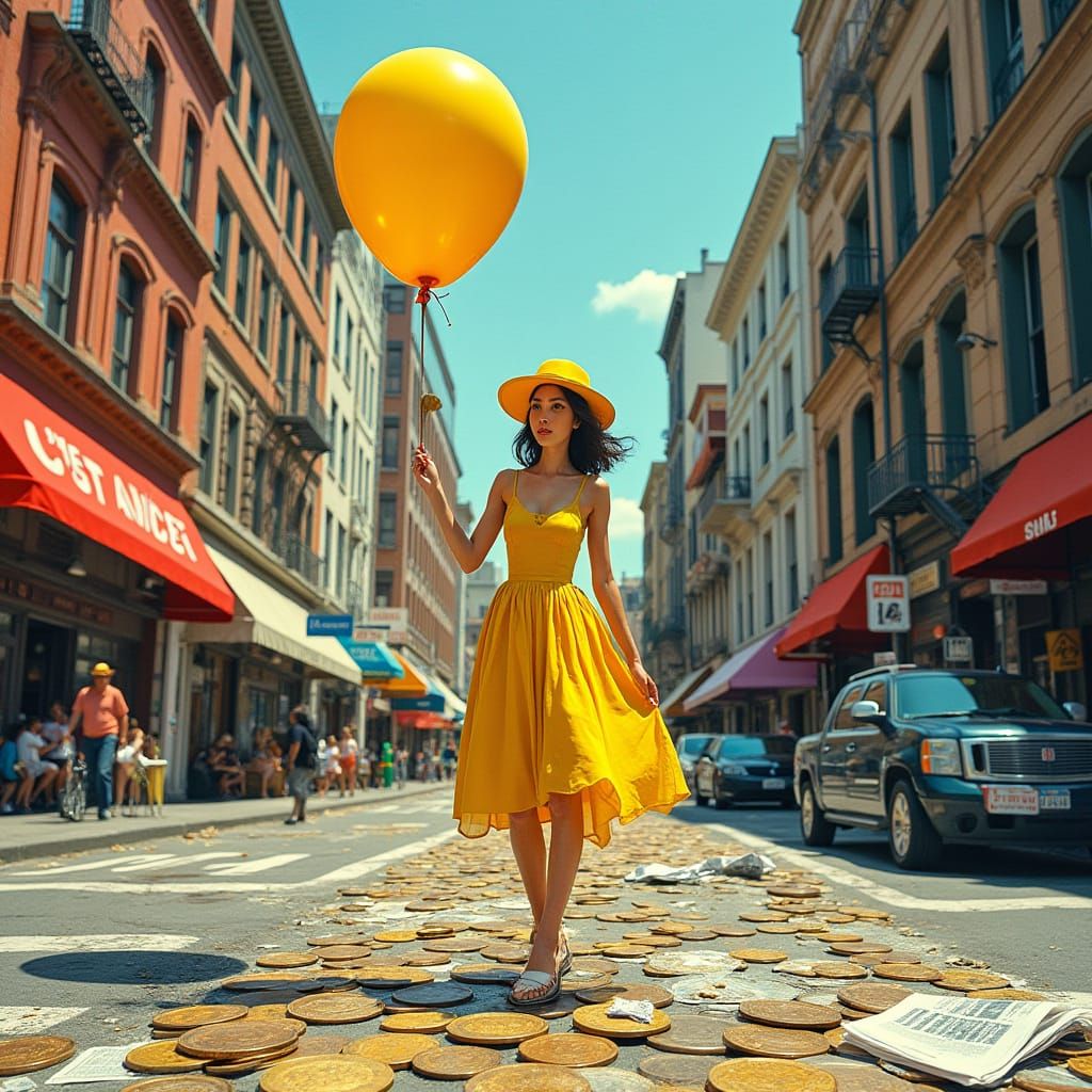 Miniature Woman in a Bright Yellow Sundress, Deflated Balloo...