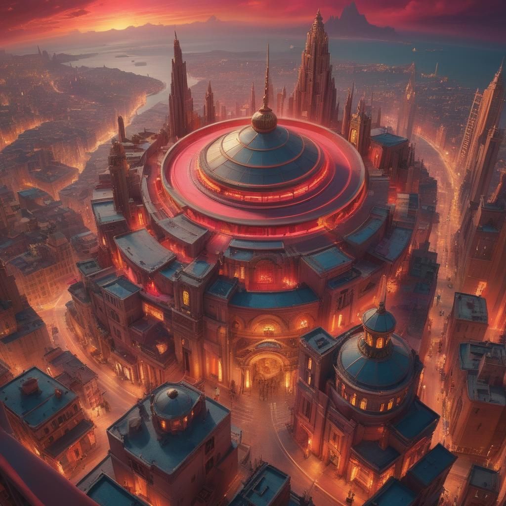 Surreal Crimson Cityscape with Ancient Architecture